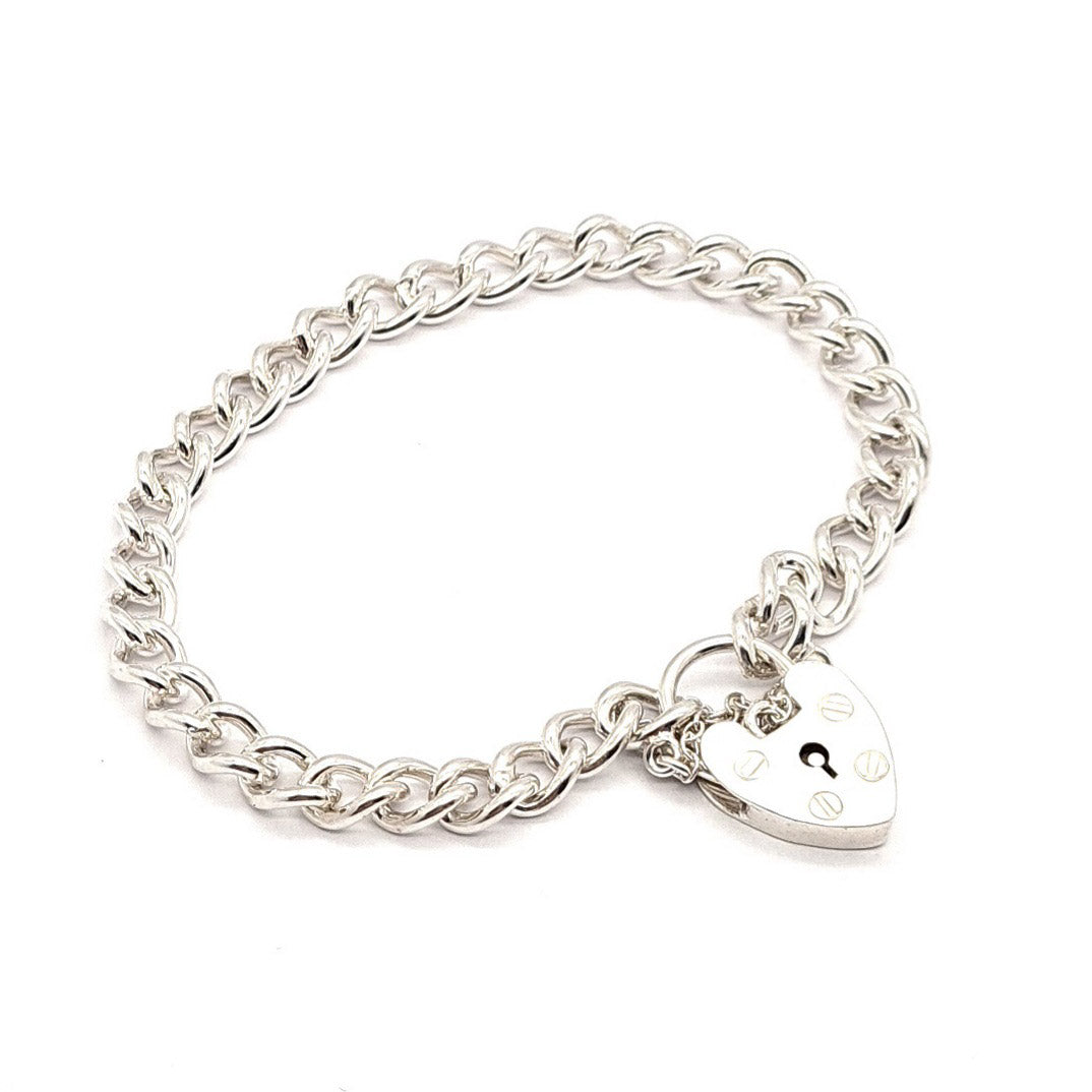 Sterling Silver Plain Curb Flat Heart Padlock Bracelet