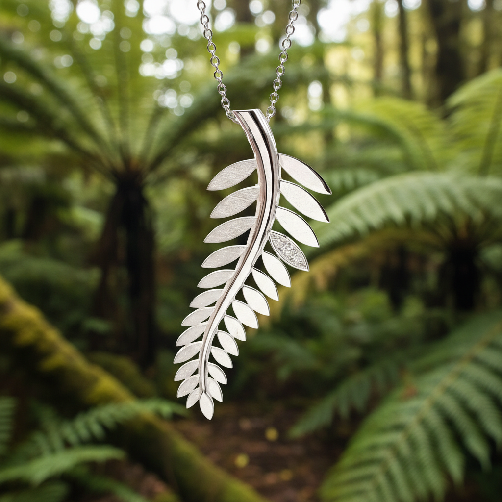 Silver Fern Pendant with Diamond Leaf