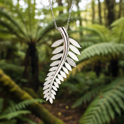 Silver Fern Pendant with Diamond Leaf