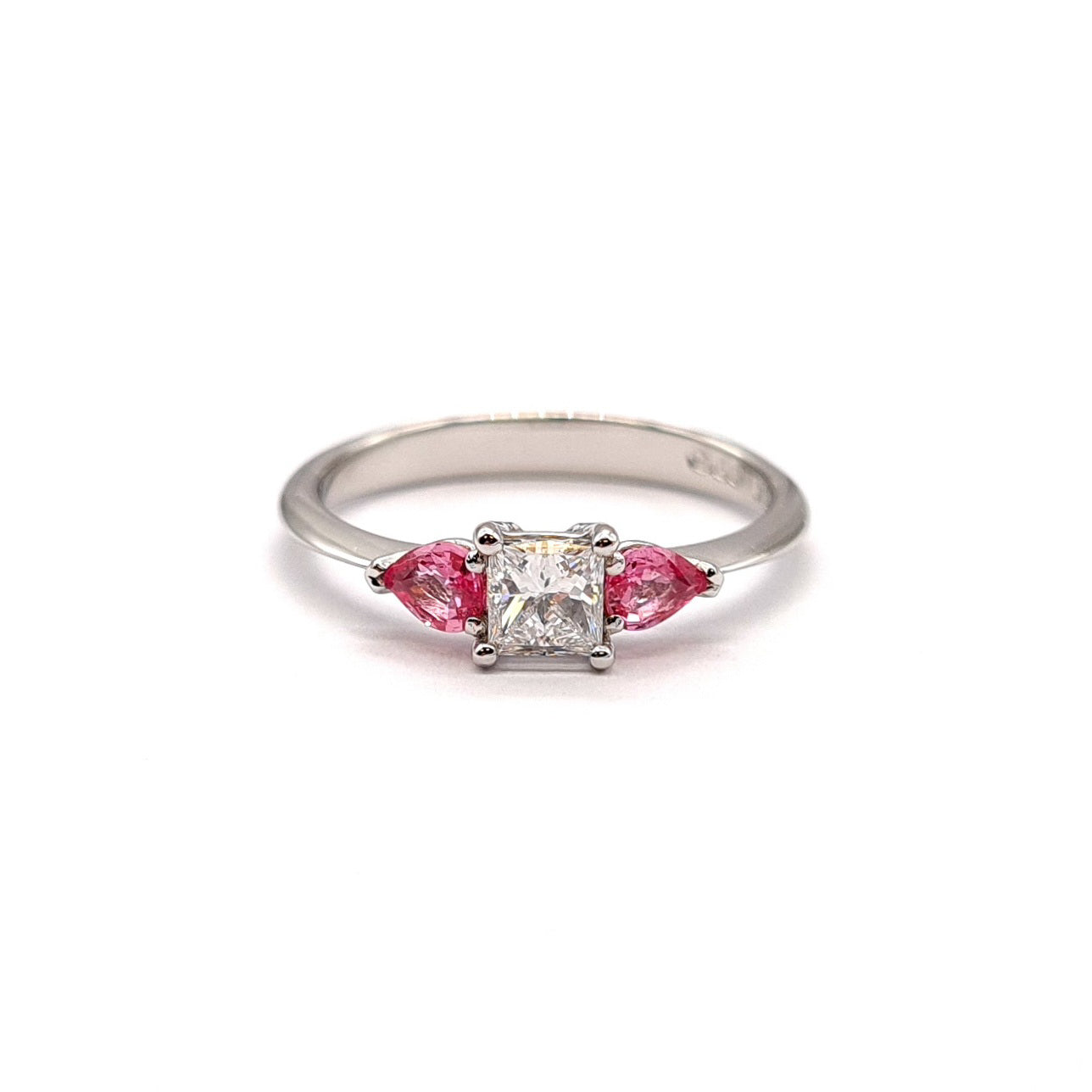 Platinum Princess Cut Diamond and Pink Sapphire Ring