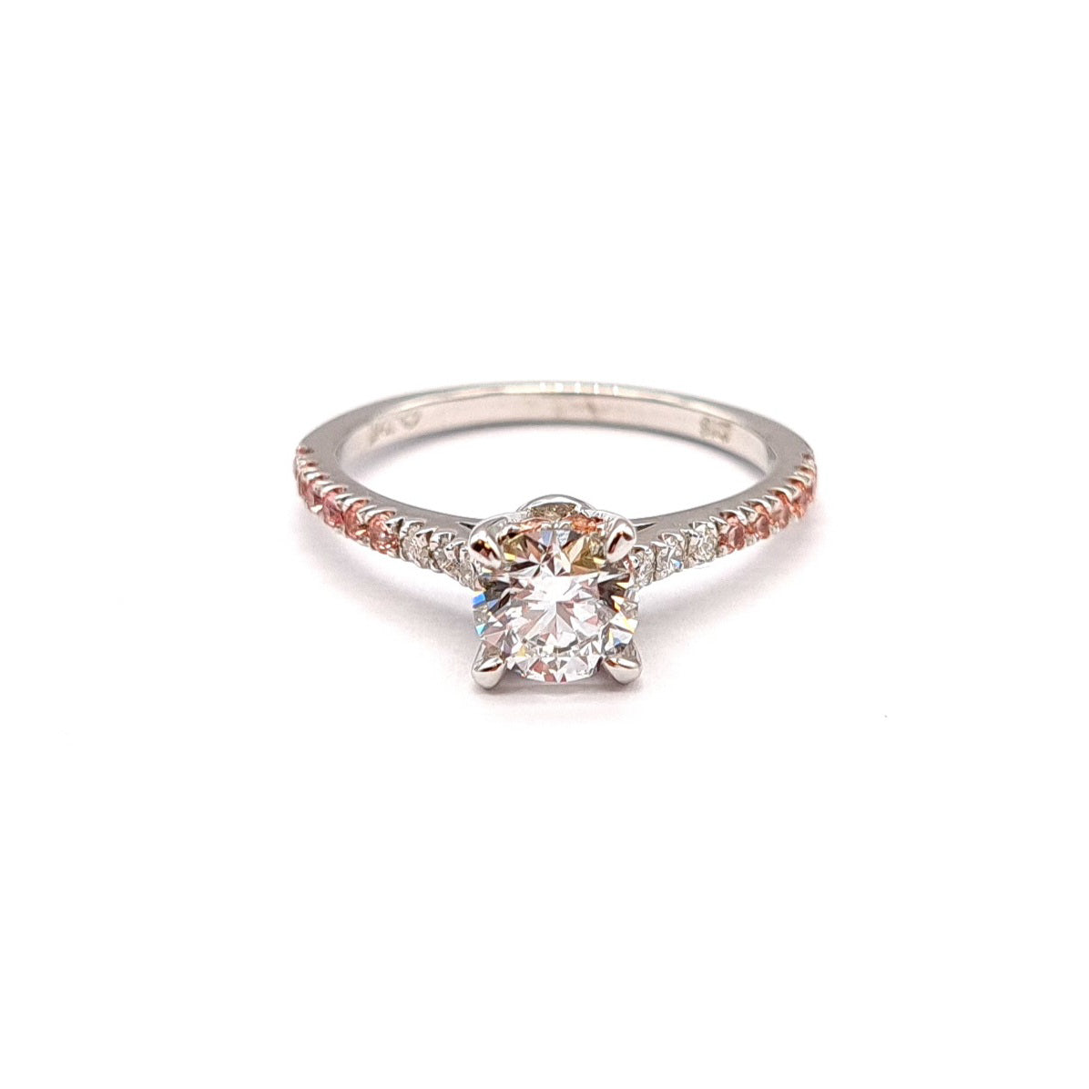 Hidden Halo Solitaire Diamond Ring with Peach Sapphires