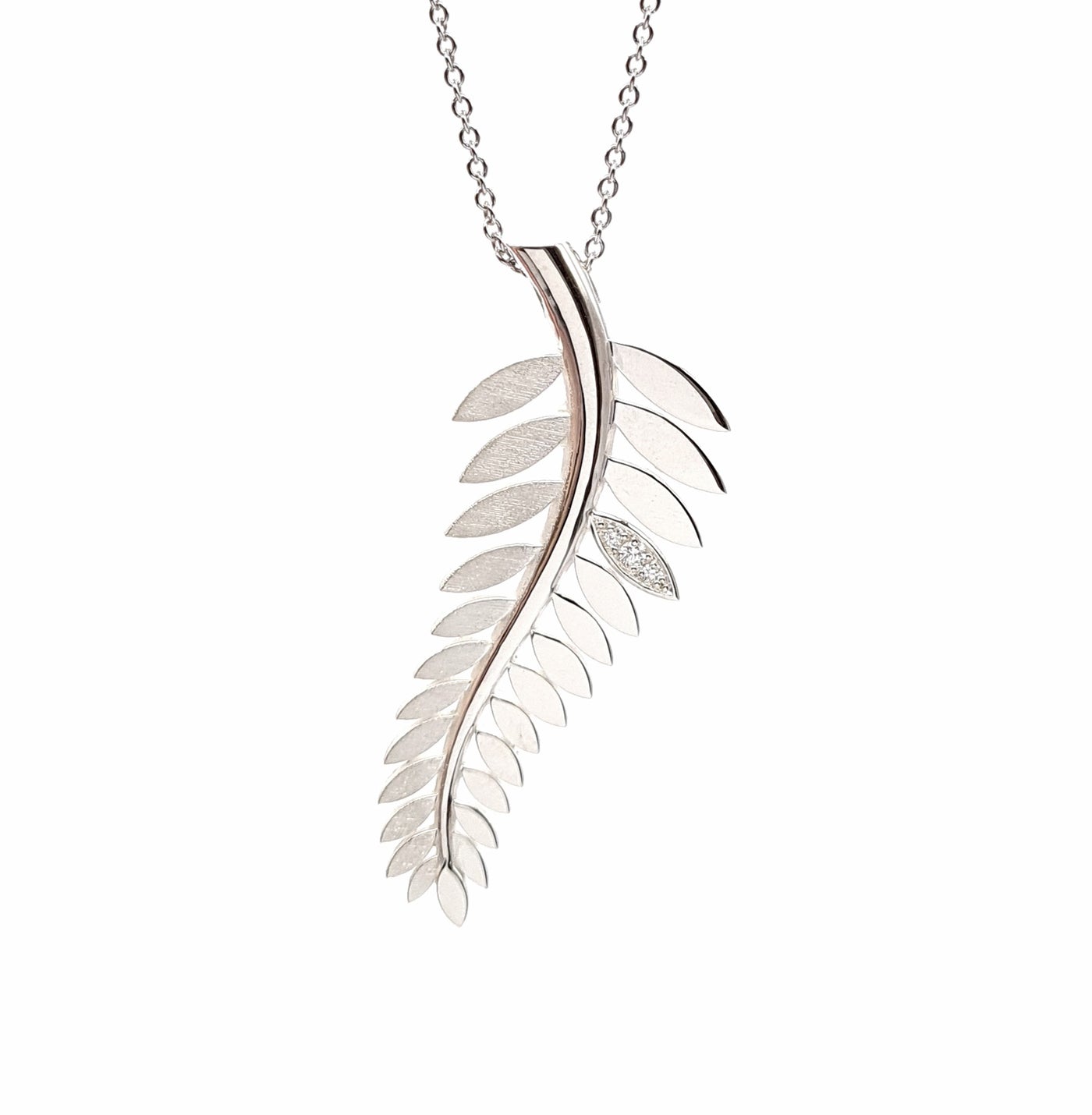Silver Fern Pendant with Diamond Leaf