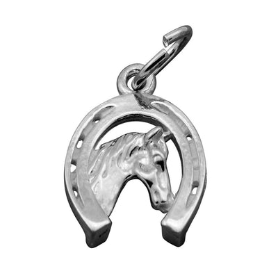 Silver horse head in a horse shoe charm