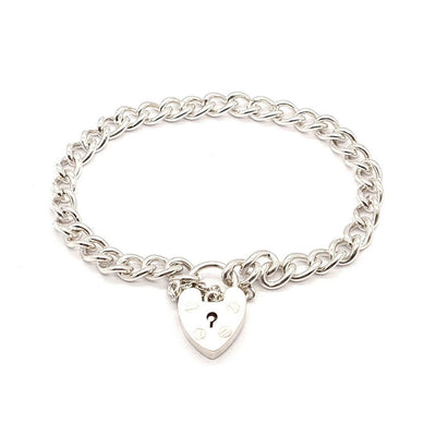 Silver Plain Curb Flat Heart Padlock Bracelet